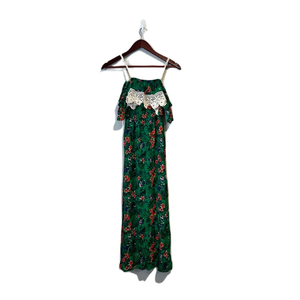 Green Floral White Lace Maxi Dress